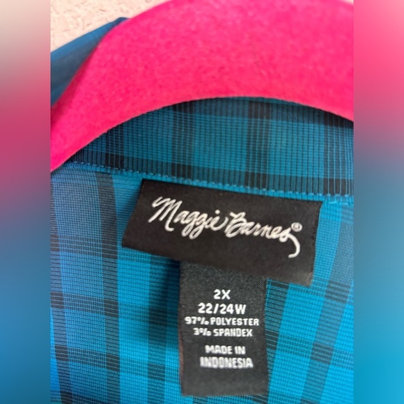 Maggie Barnes Teal Blue Black Plaid Check 3/4 Sleeve Button Up Blouse 2X 22/24W - Picture 5 of 7